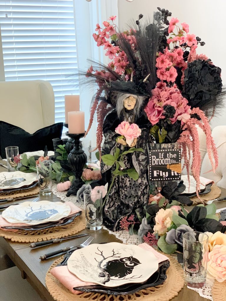 Halloween Dining Table Centerpiece  Pink and Black Glam Halloween